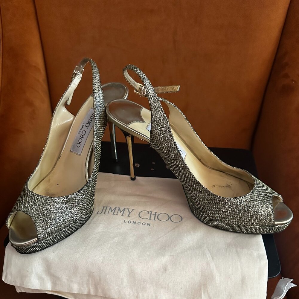 Jimmy Choo Light Gold Lame Glitter Peeptoe Slingback